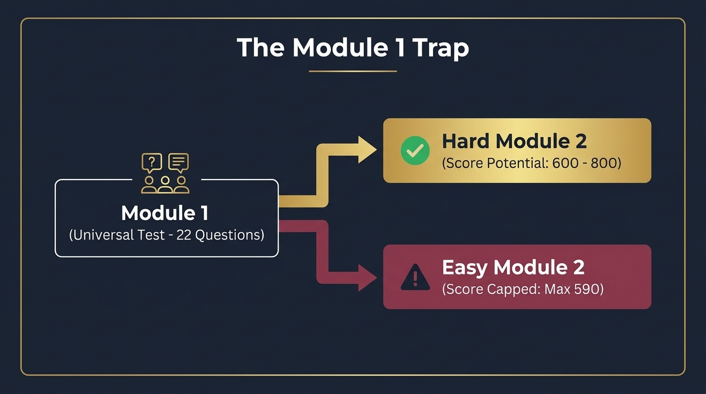 Diagram: Module 1 (universal test, 22 questions) routes to either Hard Module 2 with a score potential of 600 to 800, or Easy Module 2 with a score capped at a maximum of 590.